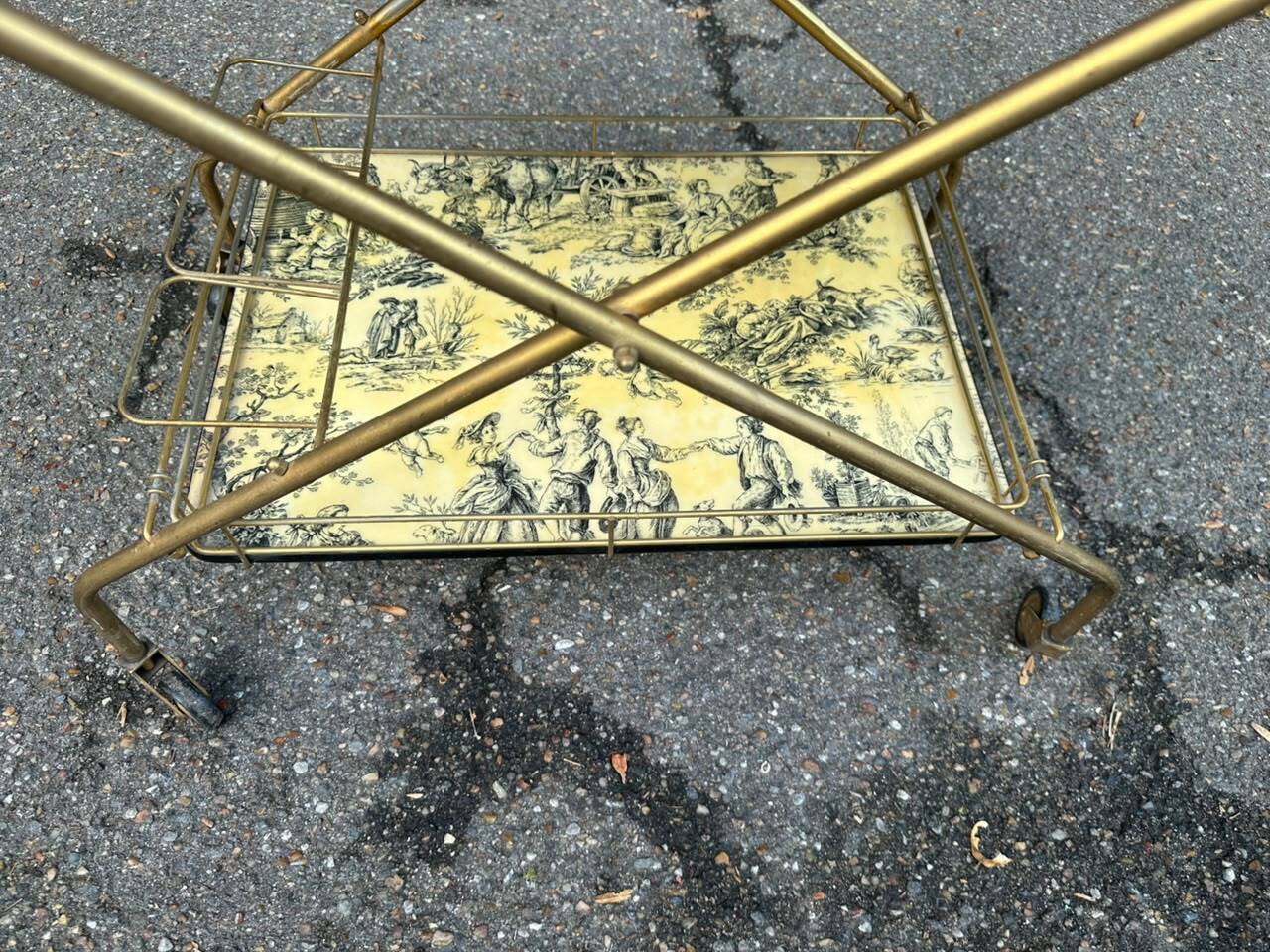 Vintage gold folding wheeled dessert trolley Toile de Jouy 1970s bar furniture
