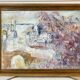 Painting oil on canvas city and trees framed pastel tones signed vintage