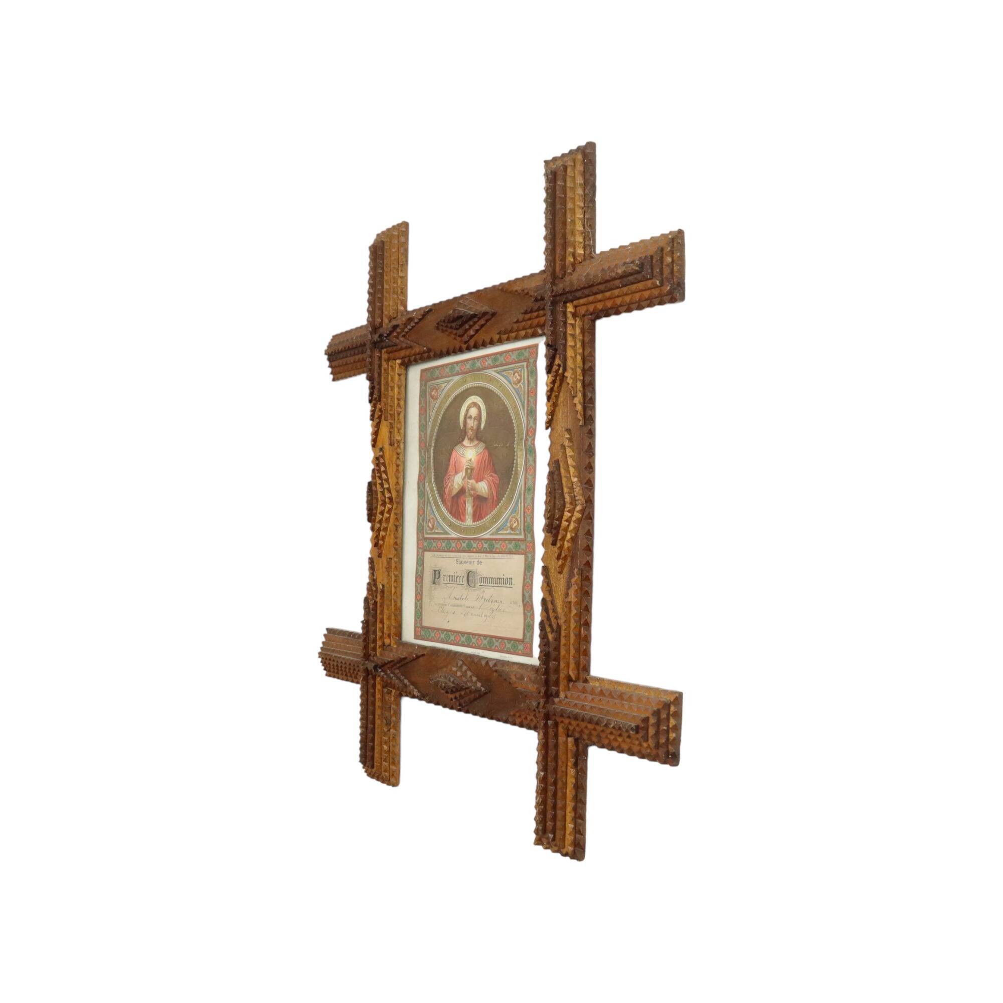 Tramp Art Frame Frame Wood Metal Studs Early 20th Century France 50cm