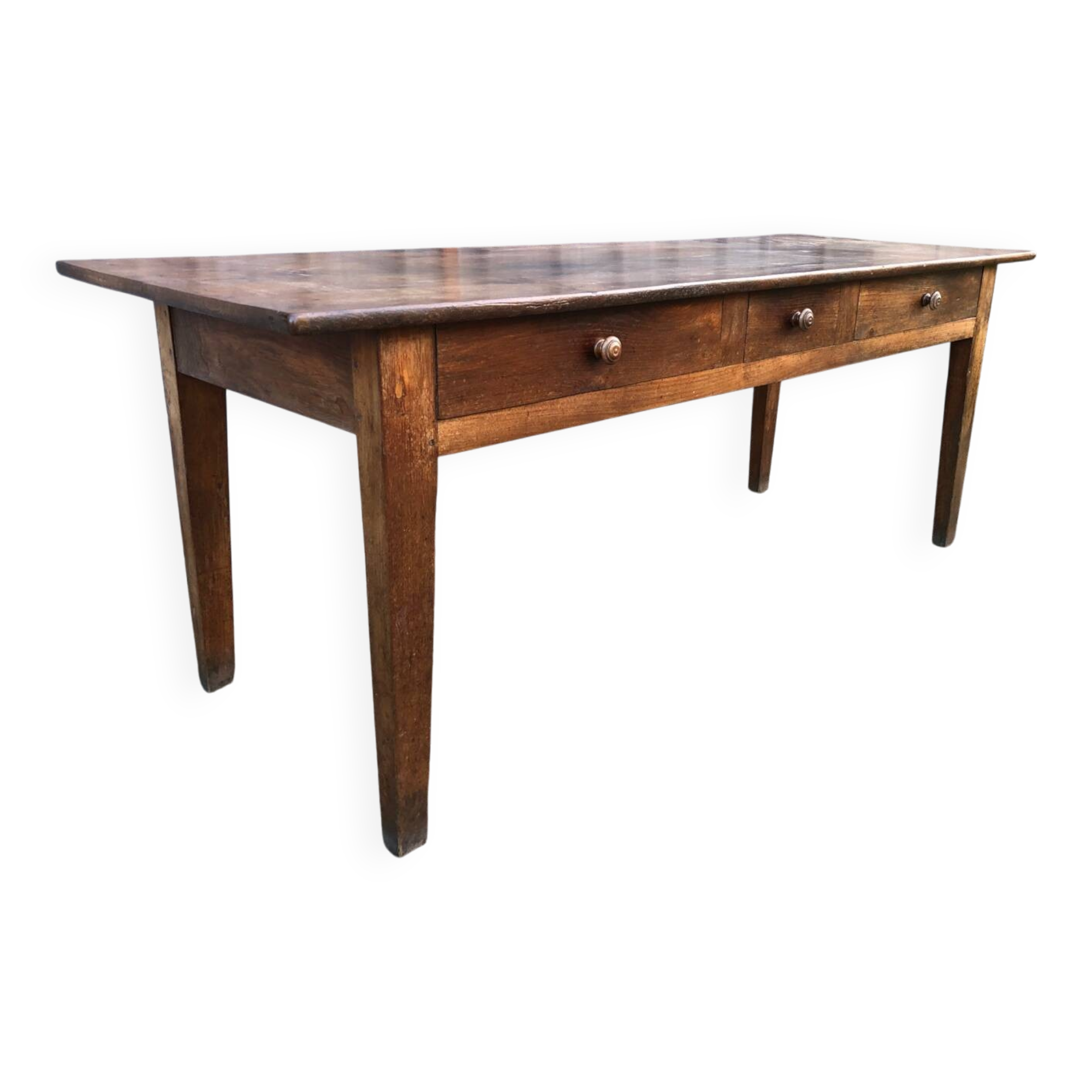 Antique chestnut farmhouse table with 3 drawers on the front.