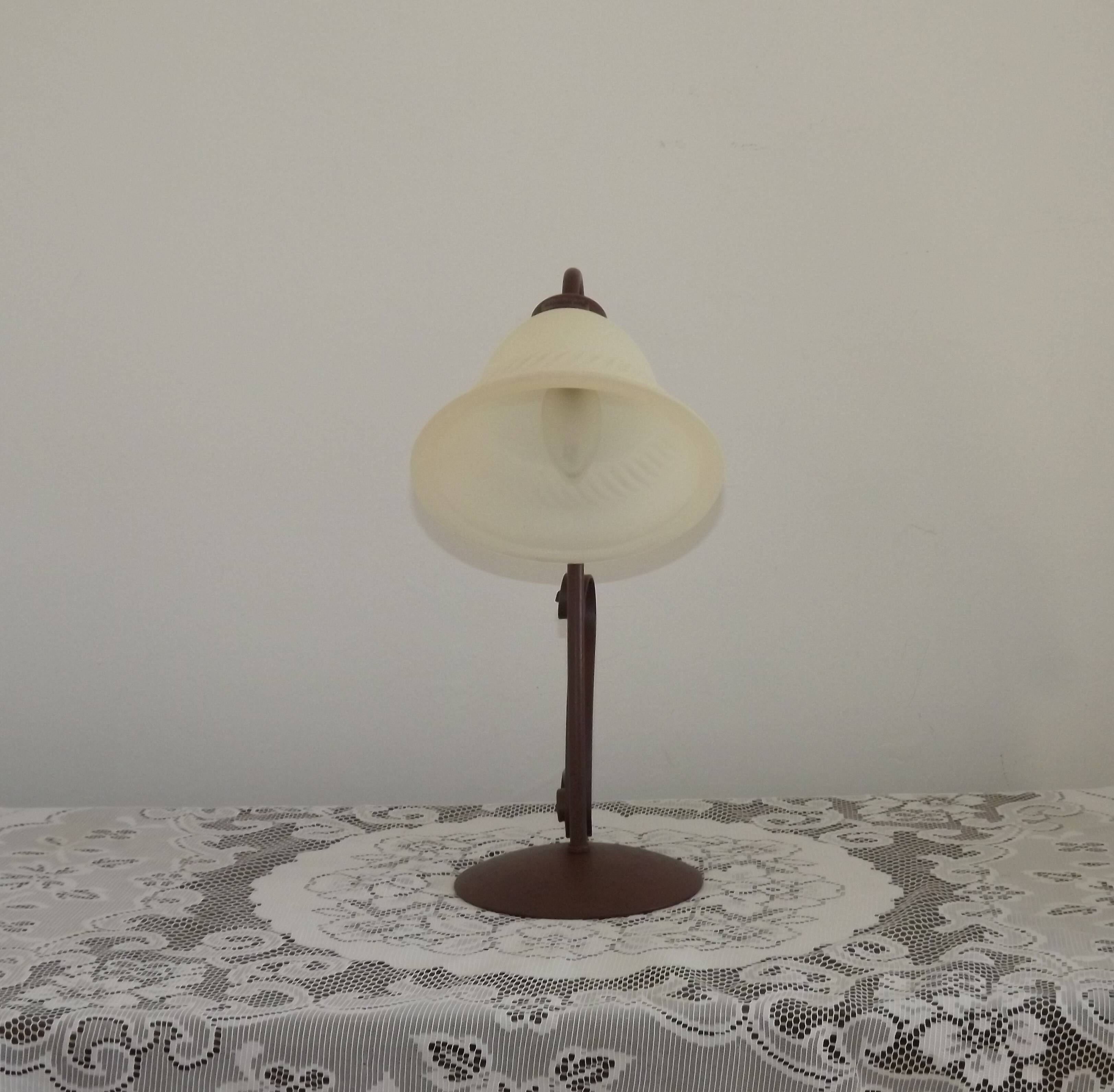 Vintage French Brown Metal Goose Neck Lamp With Textured Glass Shade