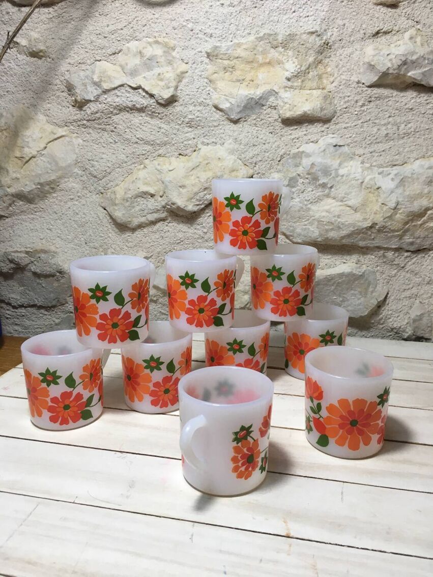 10 tasses Arcopal France fleurs oranges et rouges | Selency