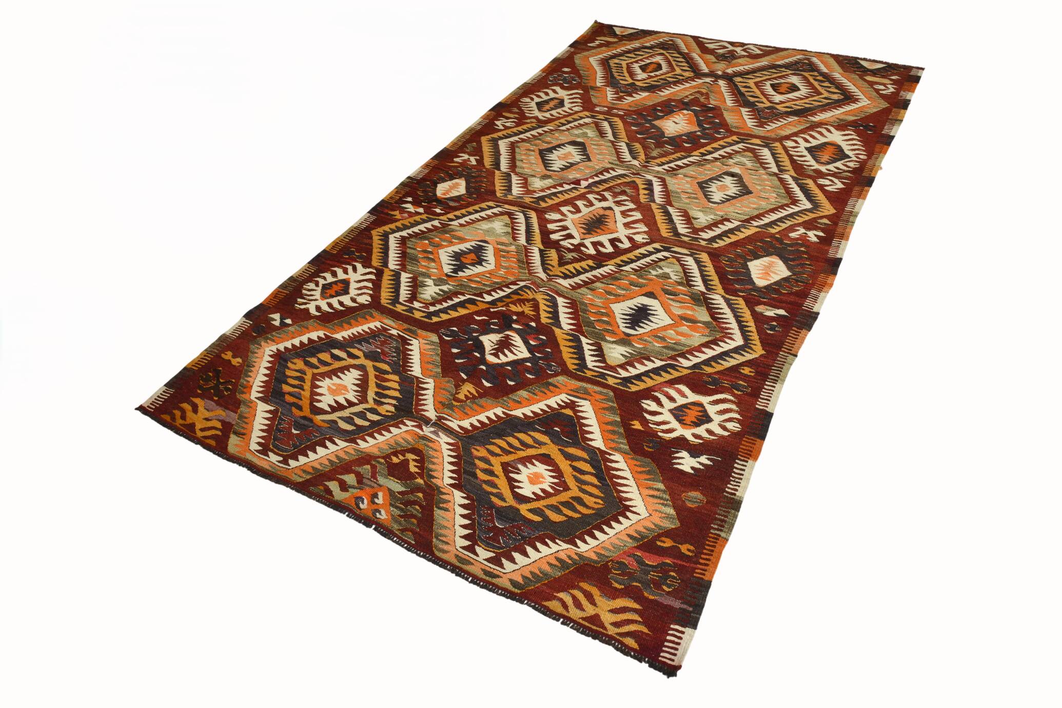 5x9 Dark Red & Cream Turkish Antique Kilim Rug, 150x271Cm