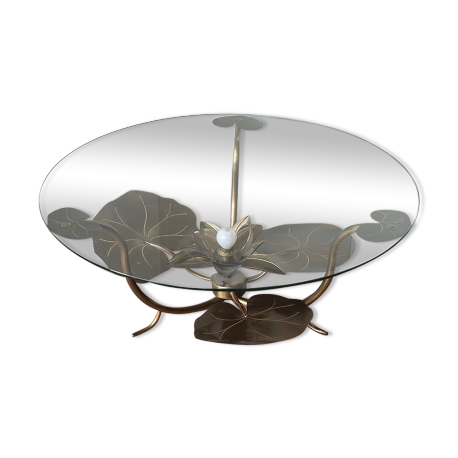 Illuminated vintage coffee table decorated with brass water lilies 1970