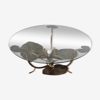 Illuminated vintage coffee table decorated with brass water lilies 1970