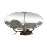 Illuminated vintage coffee table decorated with brass water lilies 1970