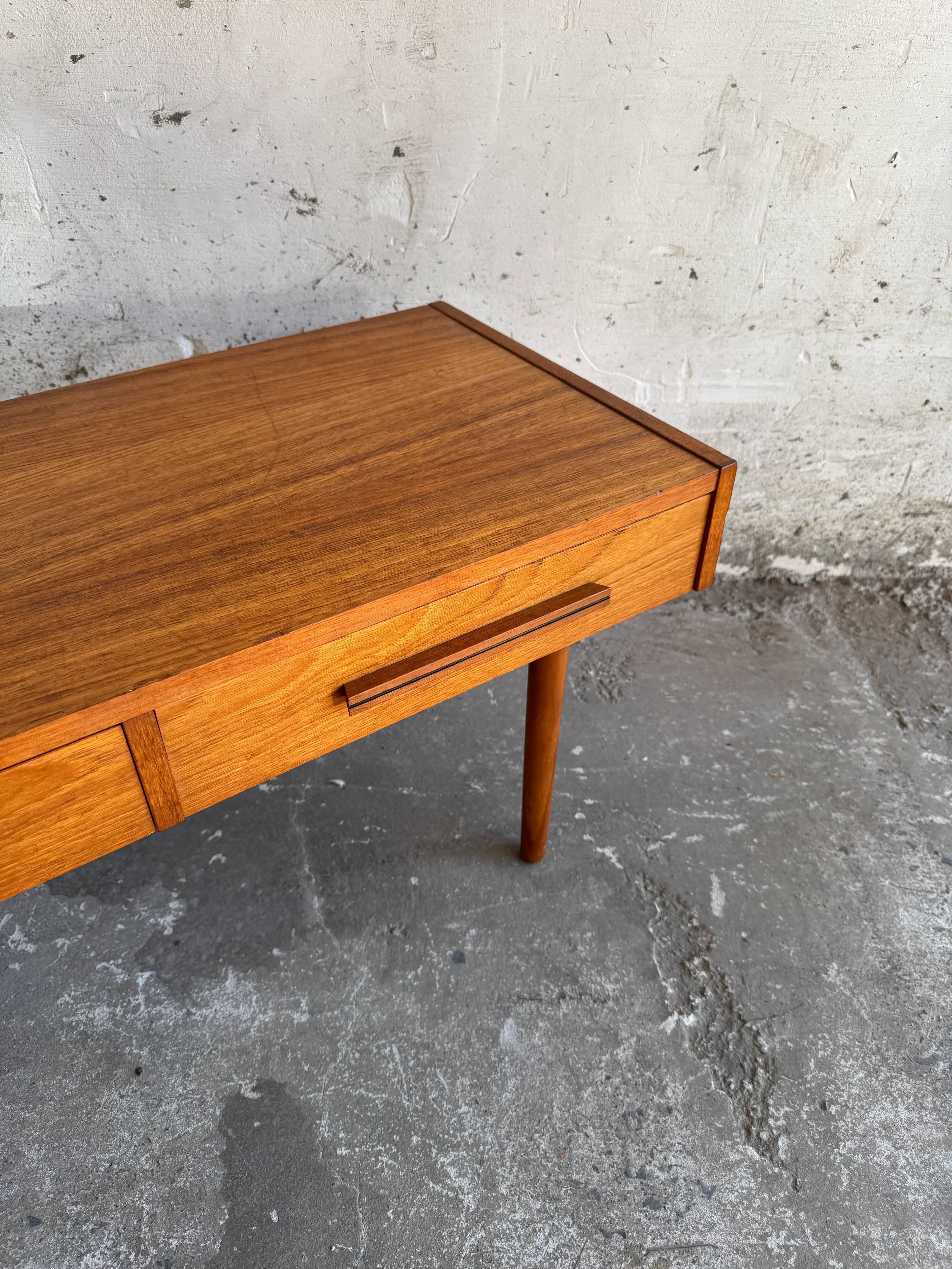 Low Danish Teak Cabinet by Millenium Design — Warm Teak Veneer, Two Drawers, Tapered Legs