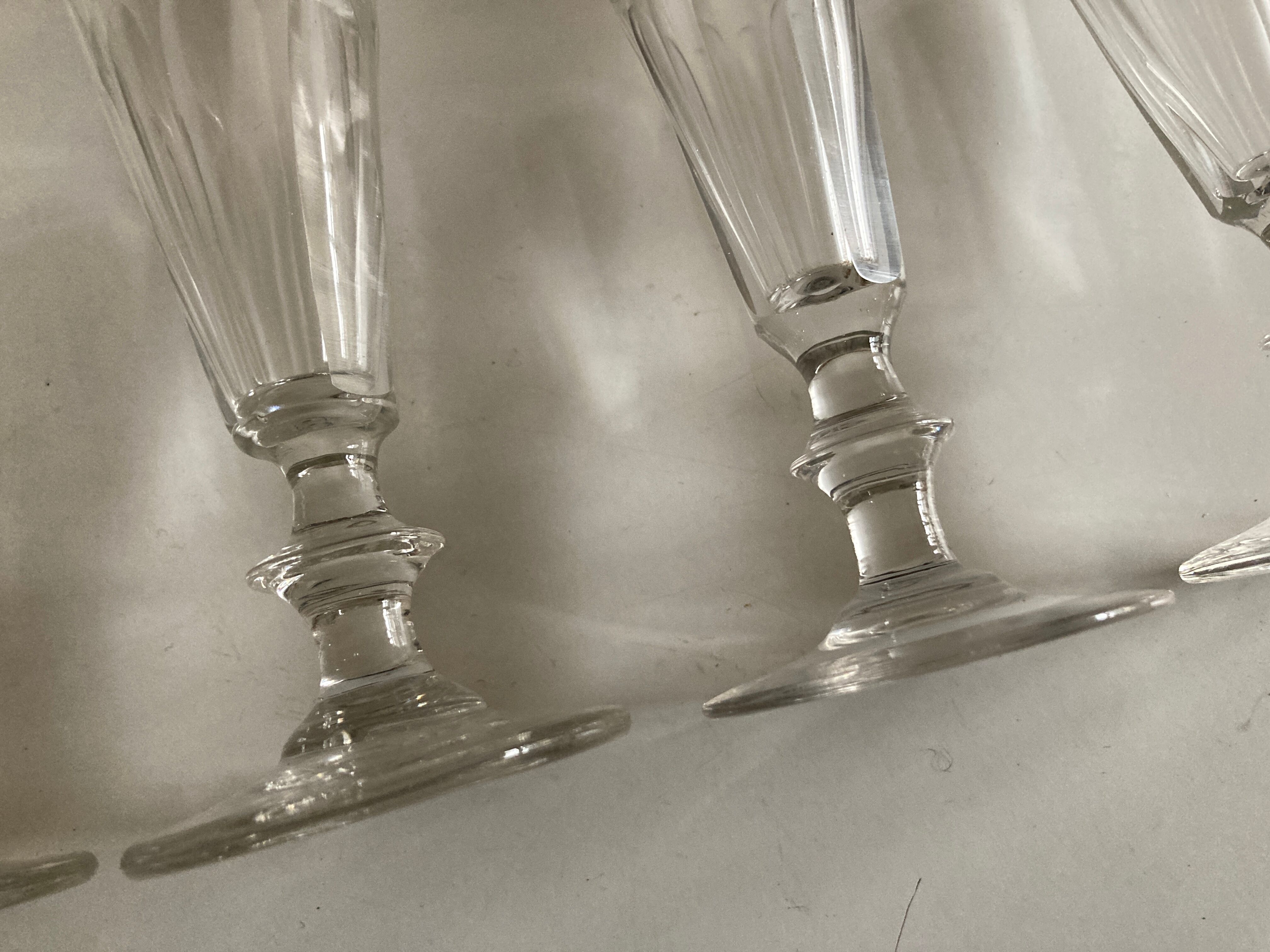 Set of 5 19th glass champagne flutes with flat slices cut