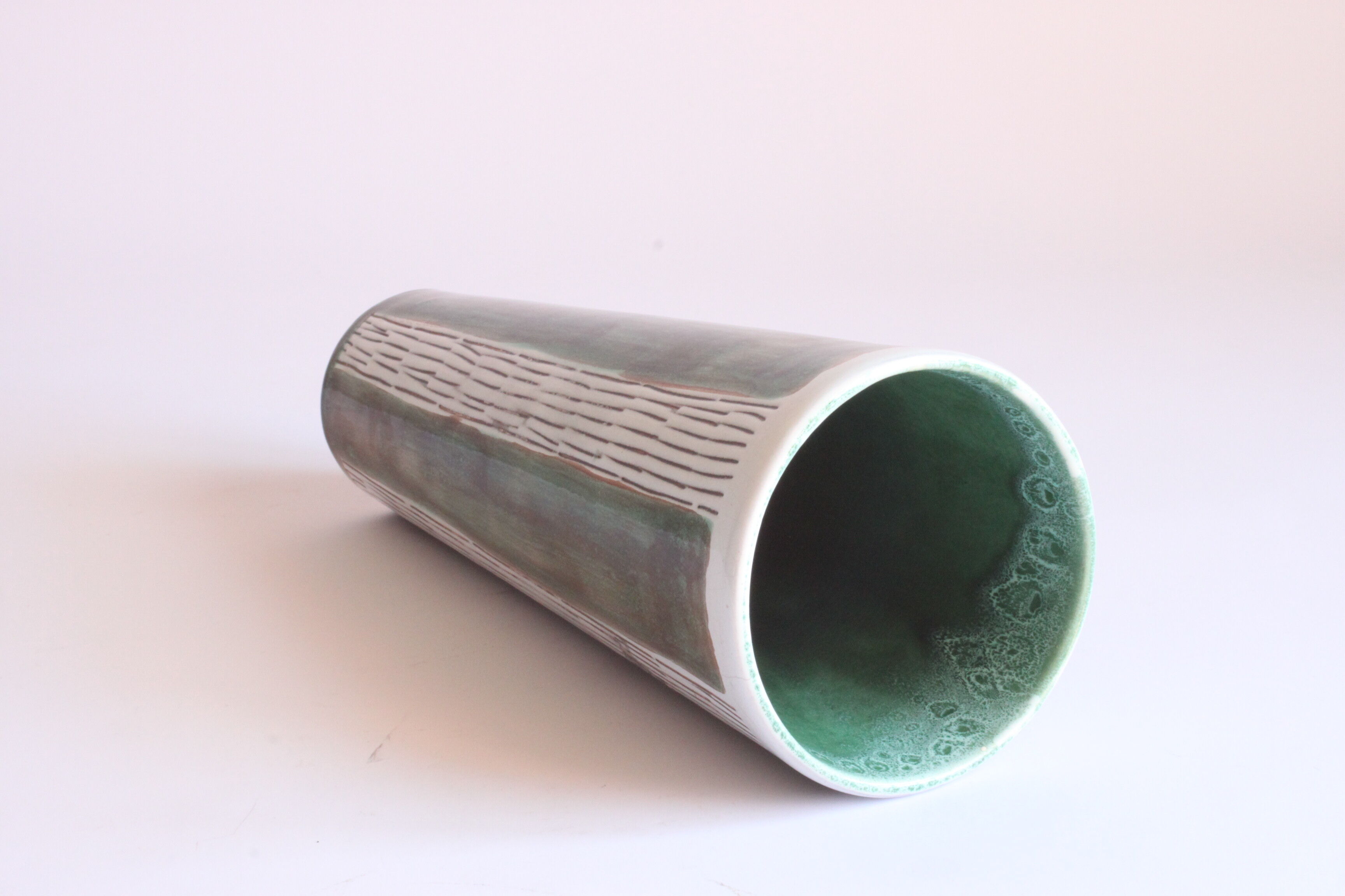 Striped green vase by Faiencerie Thulin, Belgium 1950s.