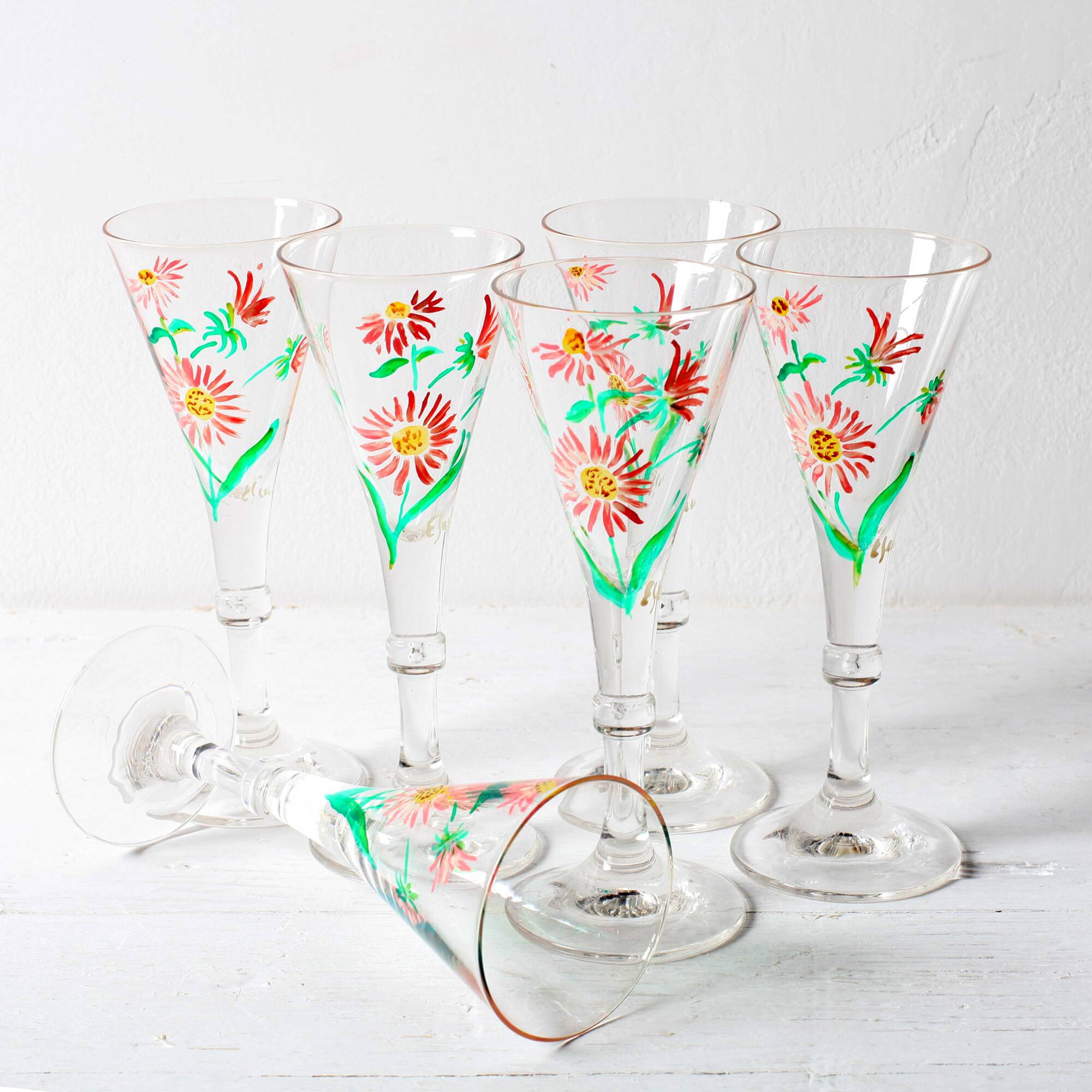 Set of 6 Mid-century Rare Floral Design Champagne Flutes / Italy / 1960s