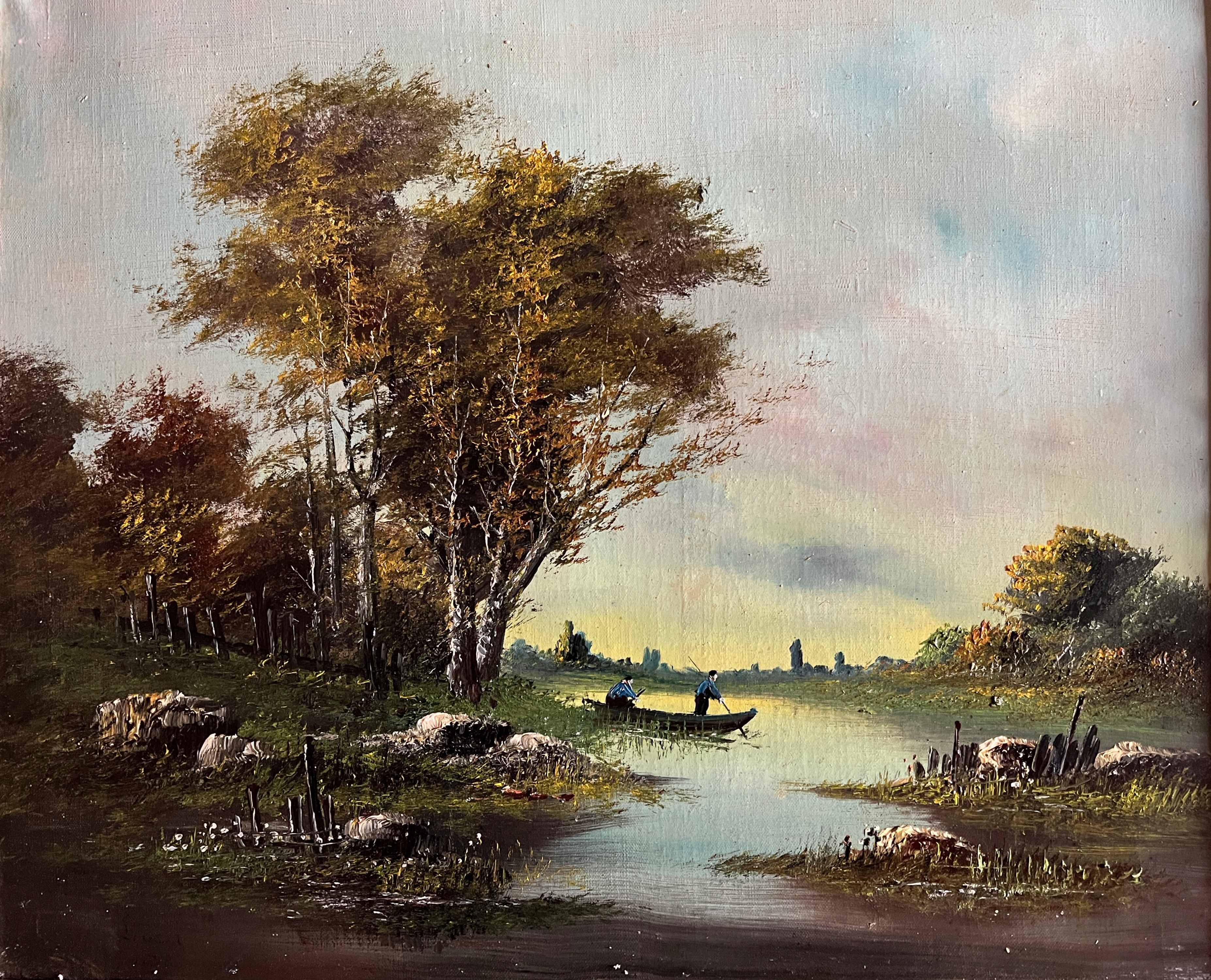 HST painting "Landscape with fishermen" 1898 signed Lion + frame