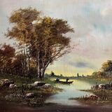 HST painting "Landscape with fishermen" 1898 signed Lion + frame