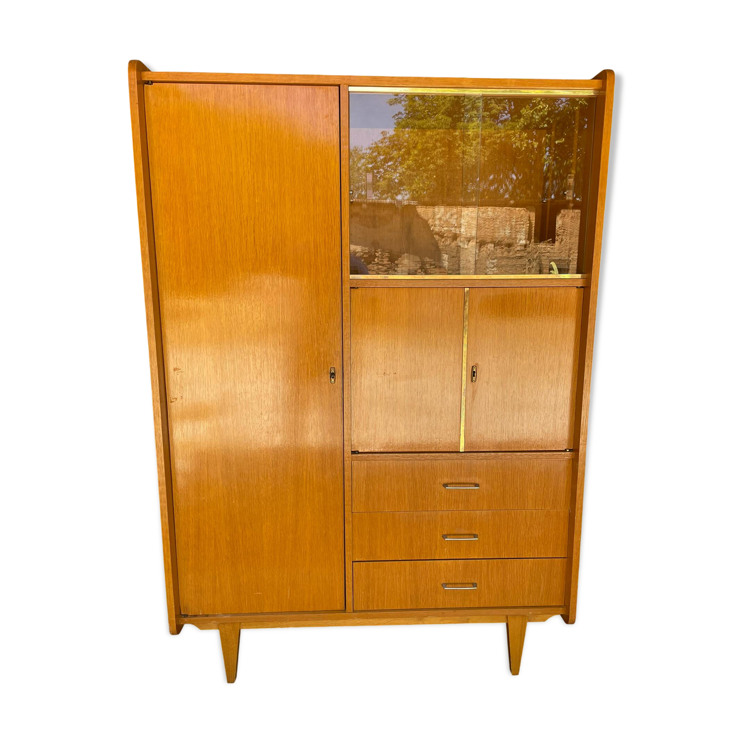 Large wardrobe / Vintage 1960s / 1970s wardrobe with glass doors & drawers