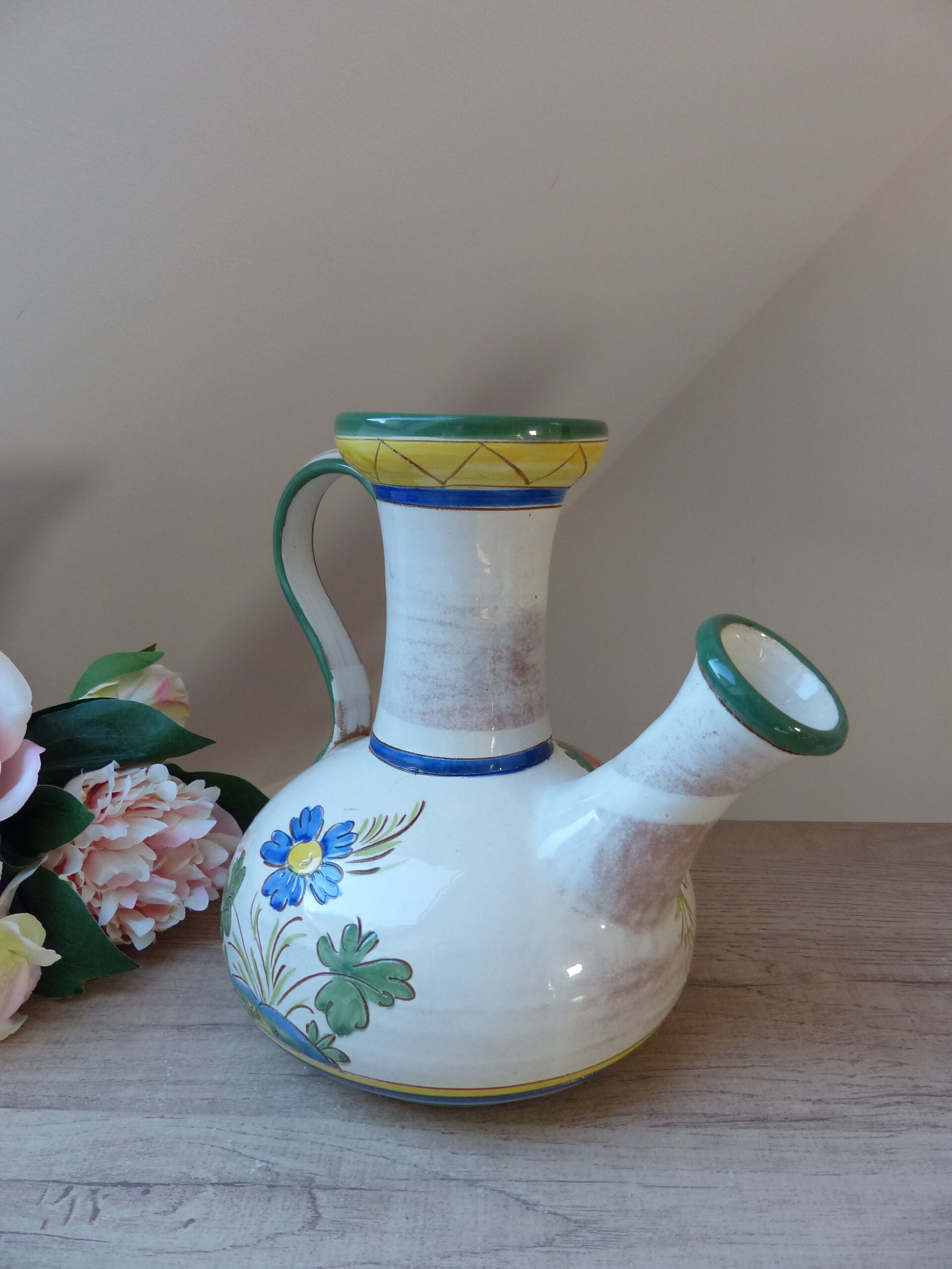 Pitcher carafe chevrette in terracotta enamelled with flowers italian crafts numbered