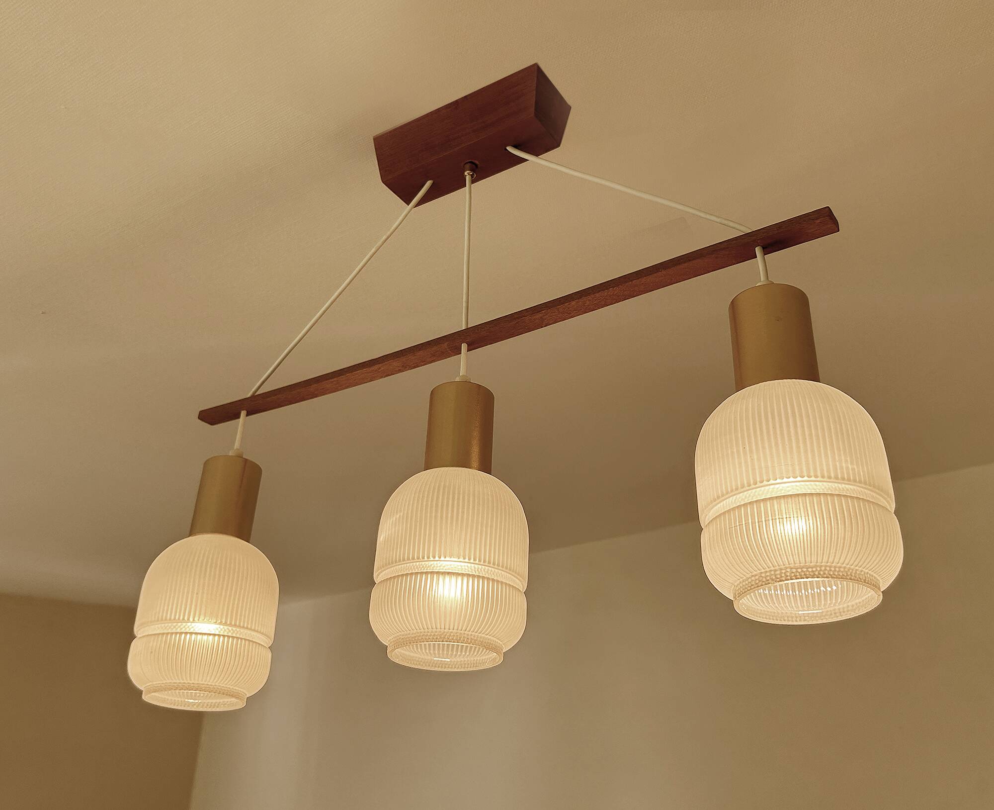 Vintage Scandinavian Pendant Light Teak Glass