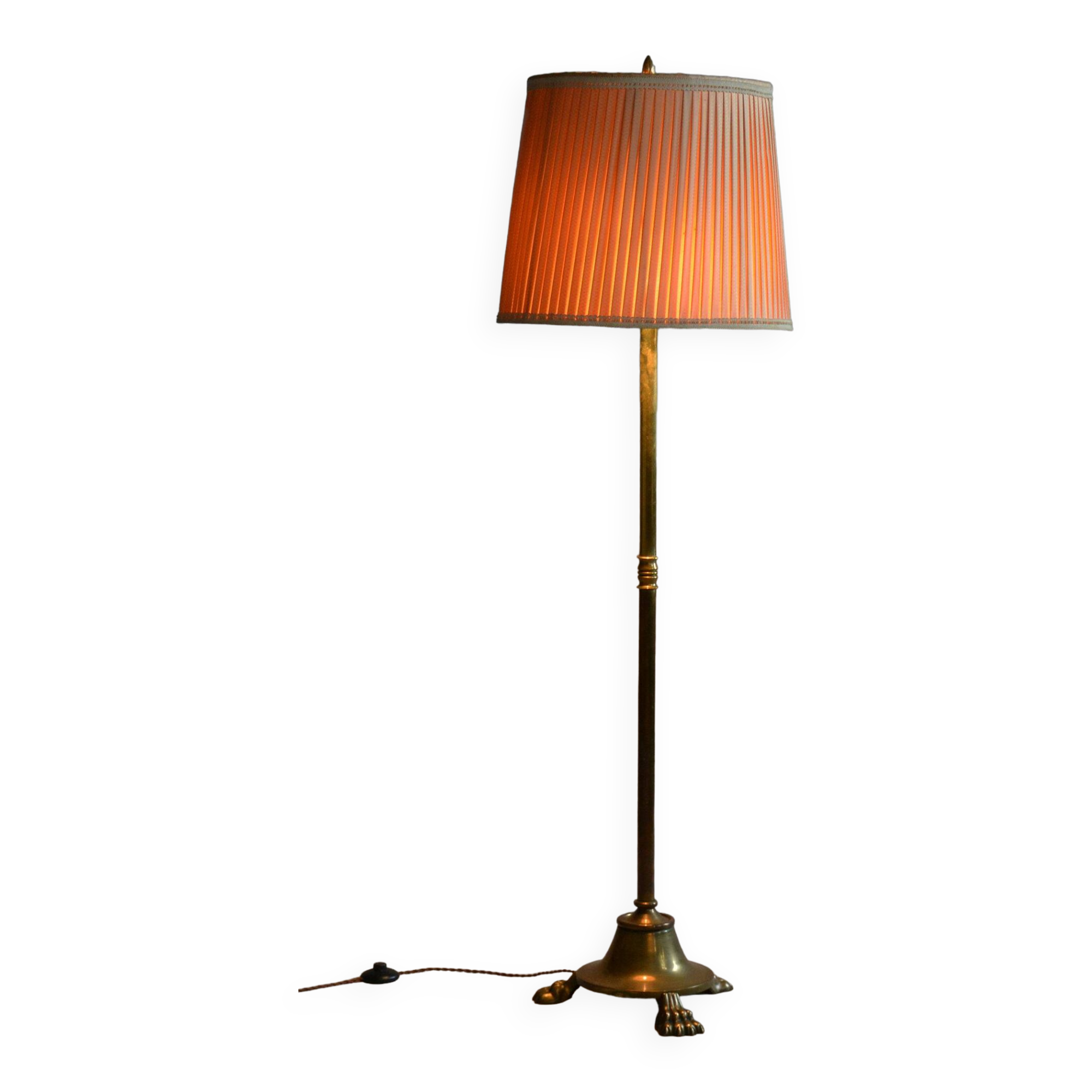 Restored Brass Art Deco Floor Lamp, France, Original Textile Shade, 1920s