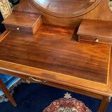Louis XVI style mahogany and solid walnut dressing table with oval mirror