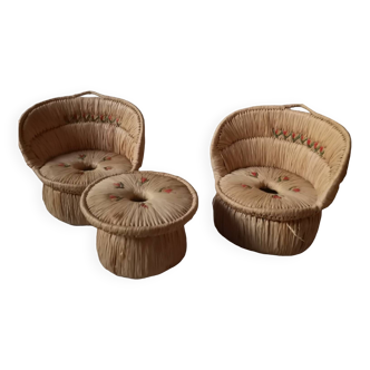 Vintage raffia doll furniture set