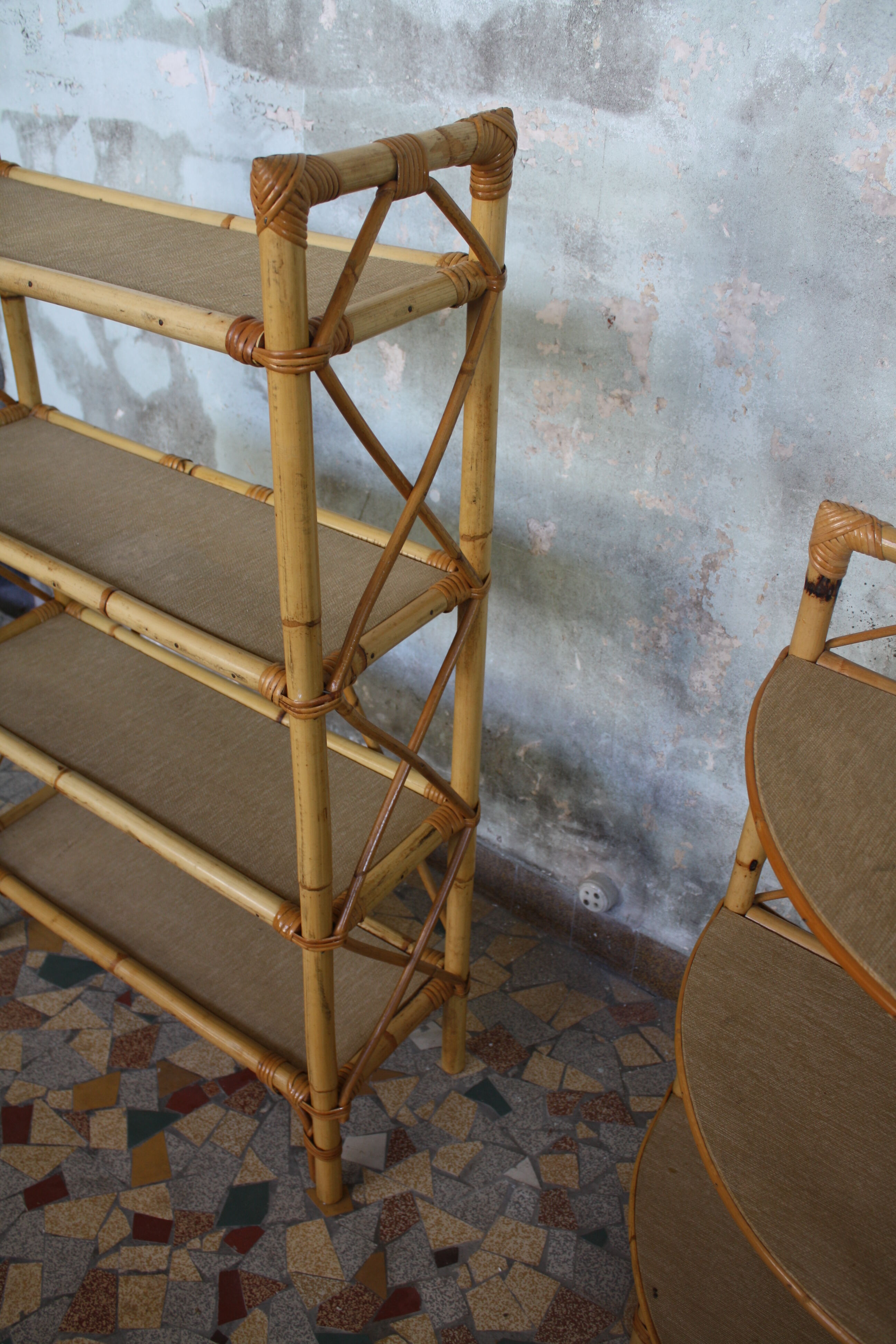 Pair of rattan shelves including a corner shelf