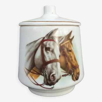 Pot avec couvercle porcelaine deux têtes chevaux bridés
