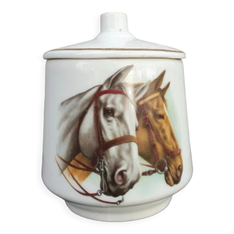 Pot avec couvercle porcelaine deux têtes chevaux bridés