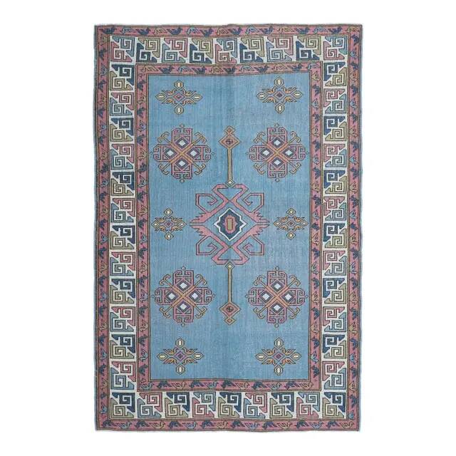 Vintage Turkish hand-knotted wool cotton blue area rug 170x259