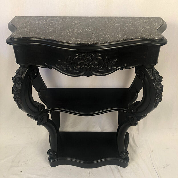 Pair of blackened wooden consoles, marble top