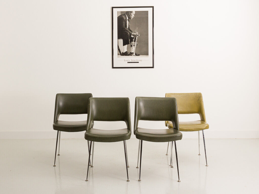 Vintage chairs imitation leather green khaki metal foot
