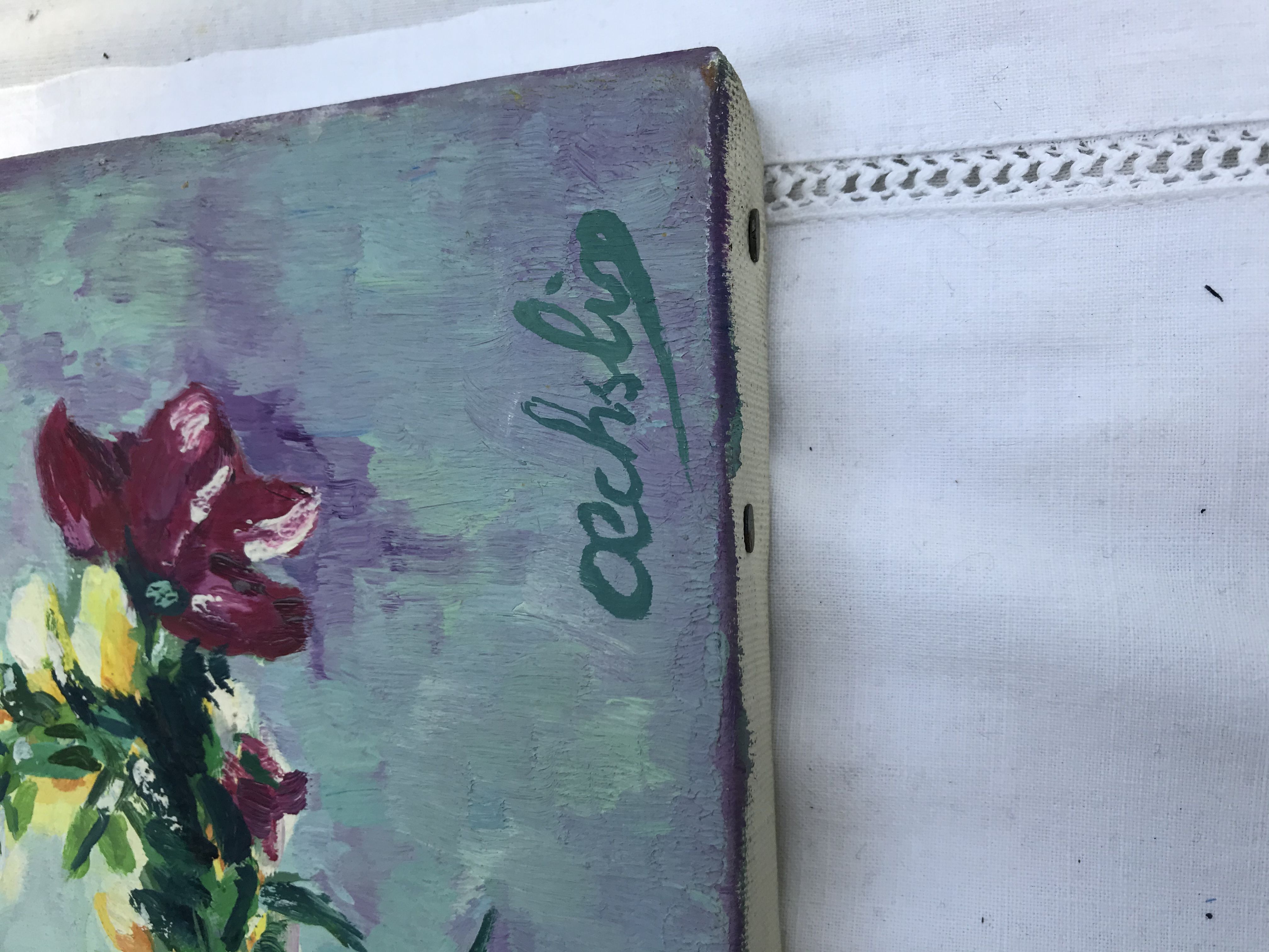 Painting painting oil on canvas Oechslin "bouquet de fleurs" vintage