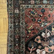 Antique handmade Hamadan Persian rug, ivory medallion on dark background 148x103.