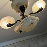 Art Deco brass and glass 5-arm chandelier, Central Europe, 1940s