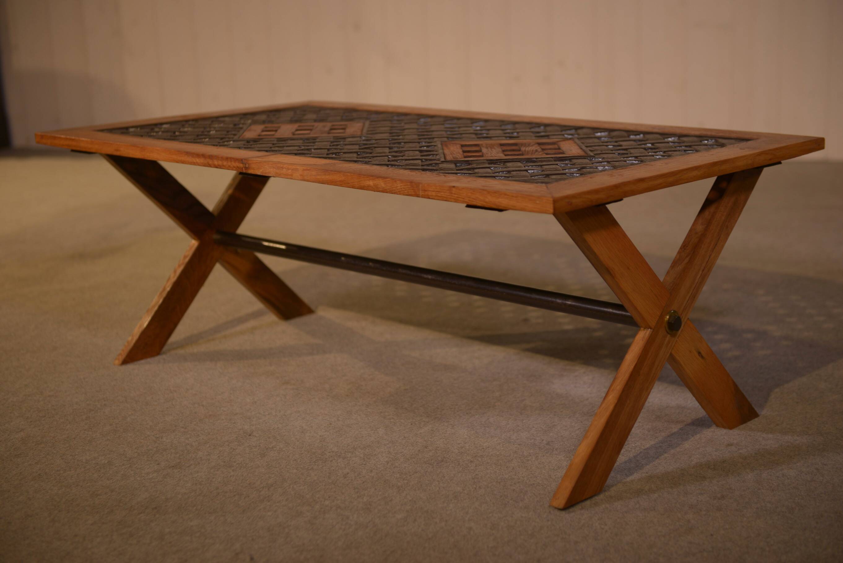 Antique oak and cast iron street furniture coffee table from the 1950s