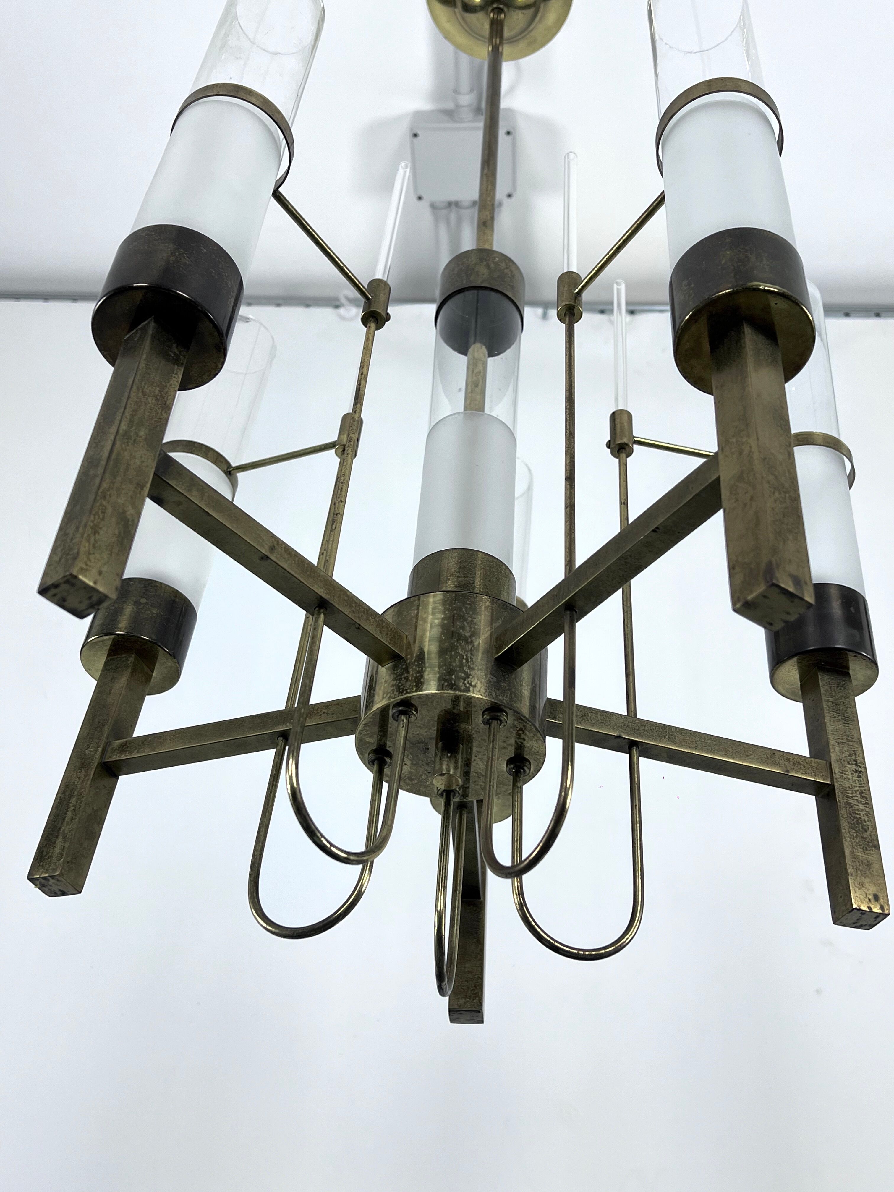 Sciolari, five arms brass and glass tube chandelier. Italy 1960s
