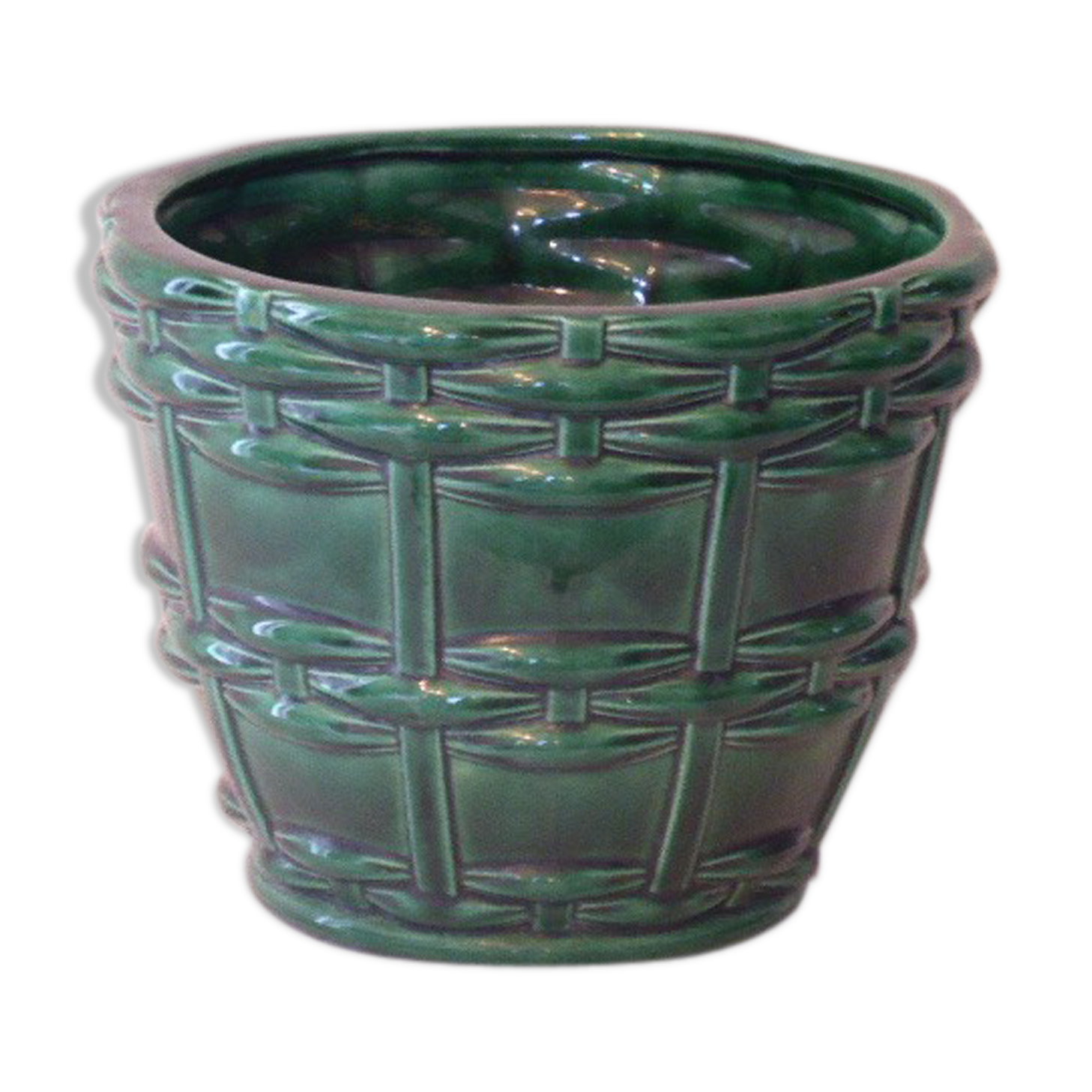 Green enamelled ceramic diramic pot cache signed b. Letalle, Saint Clement, France, numbered 4086.00, basket model, old