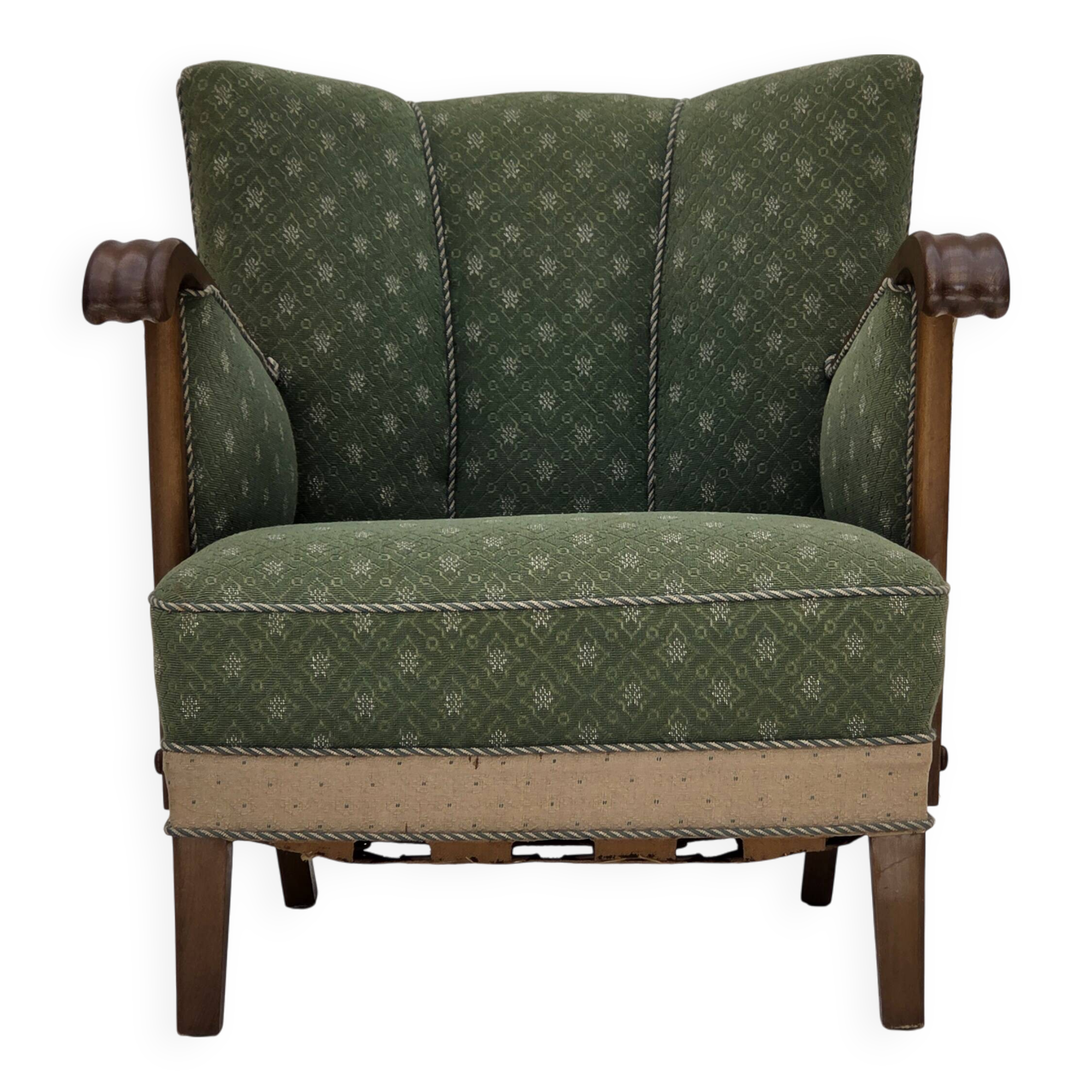 1950s, Danish armchair, original green/beige furniture wool, oak wood.