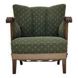 Fauteuil danois des années 1950, mobilier d'origine vert/beige en laine, bois de chêne.