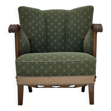 1950s, Danish armchair, original green/beige furniture wool, oak wood.