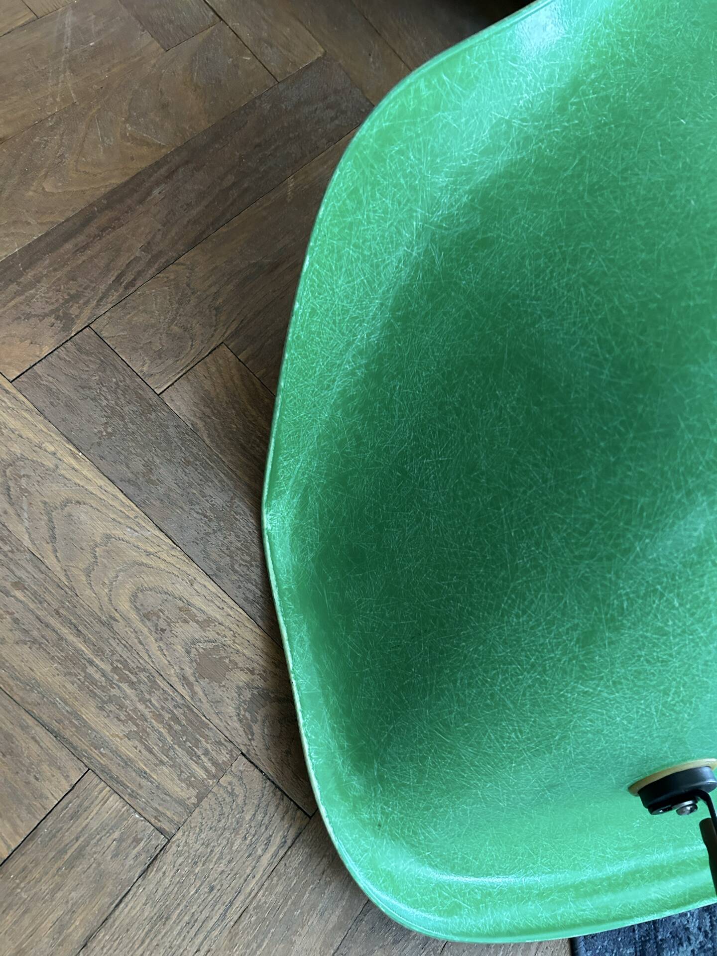 Ray and Charles Eames Fibreglass Arm Shell Dowel Chair Green