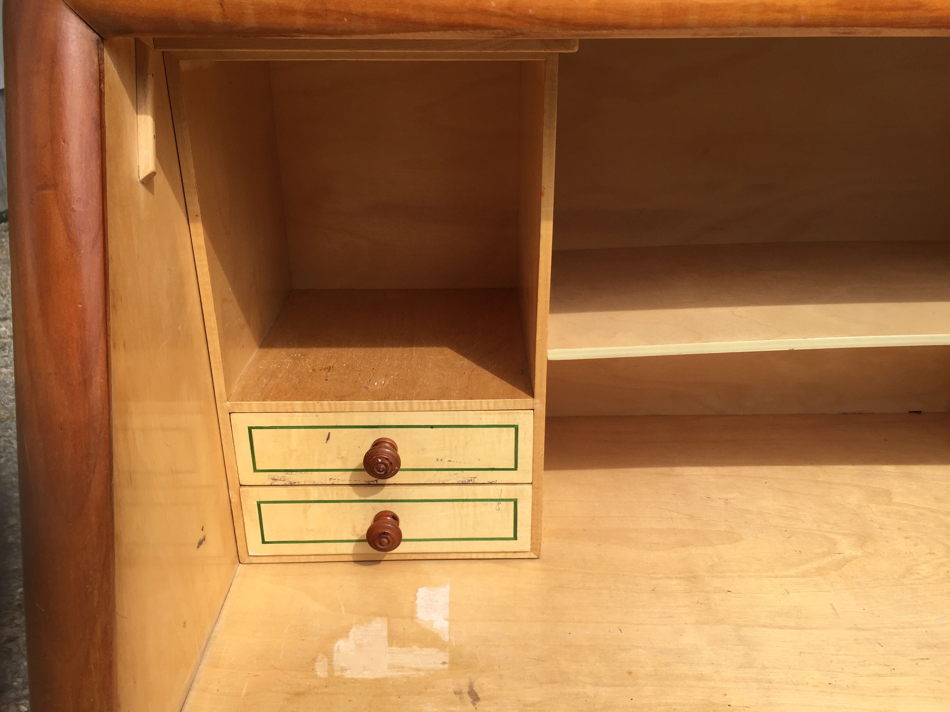 Vintage secretary desk, known as donkey's back, in cherry wood, Italian by Marelli & Fratelli.