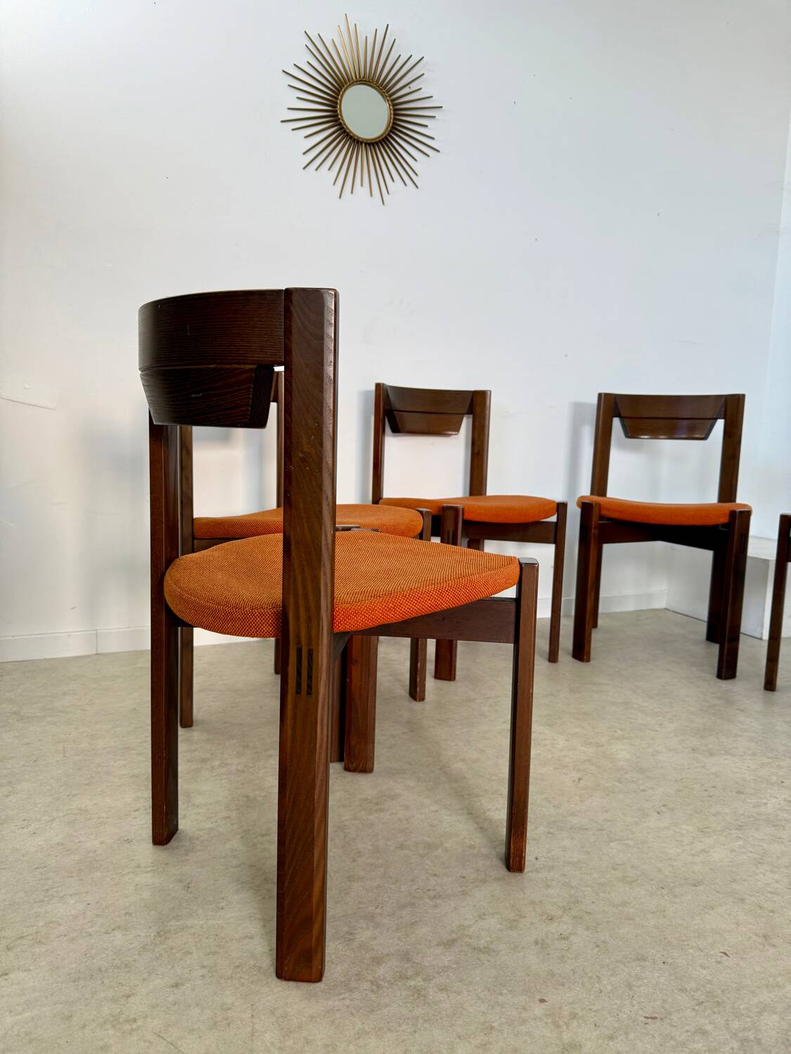 Set of 6 Girsberger Scandinavian style chairs from the 70s, vintage, solid wood, original fabric