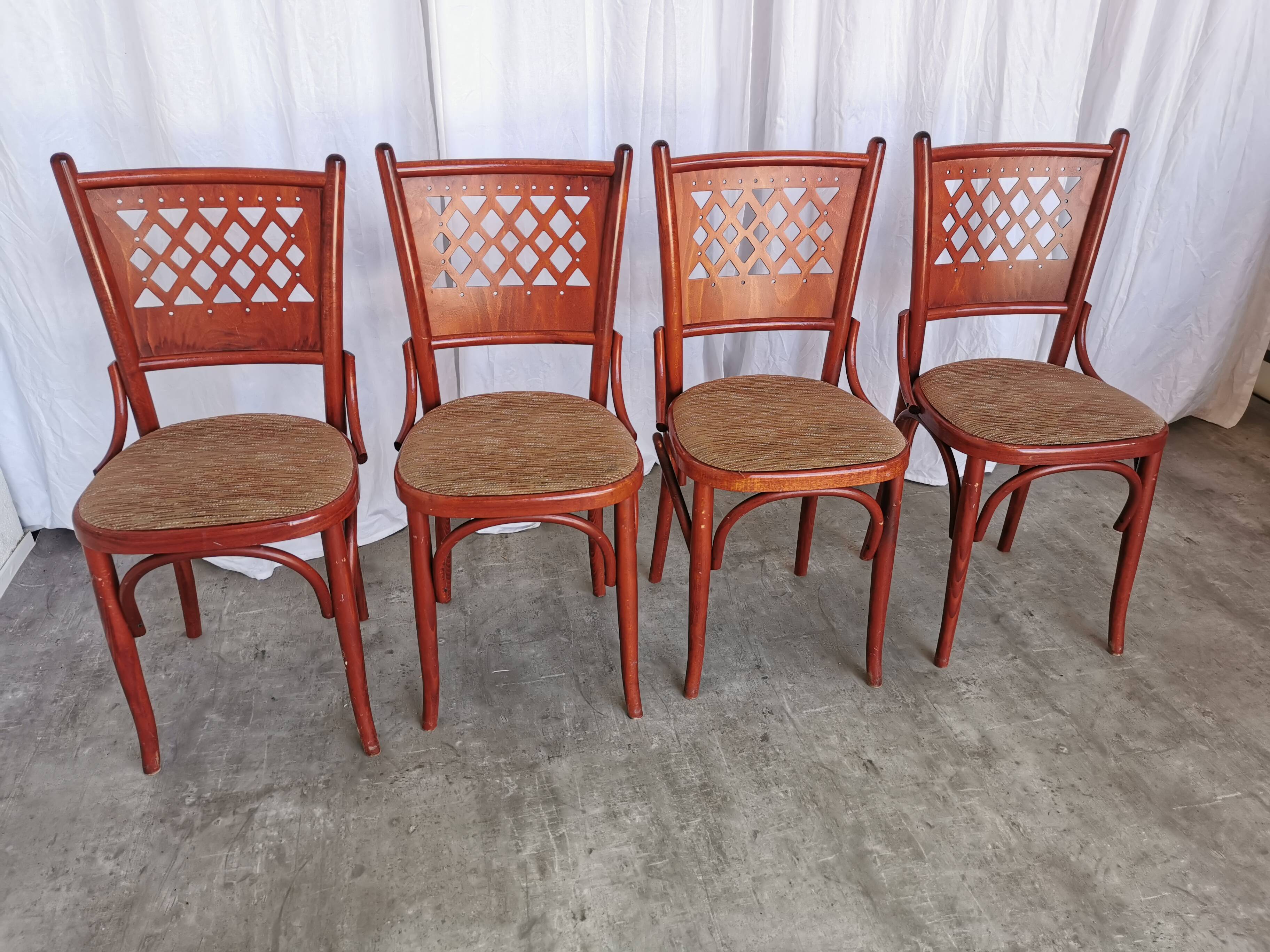 Vintage Italian Bistro Chairs - 1980s Reddish Wood, Brown Fabric - Set of 4