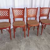 Vintage Italian Bistro Chairs - 1980s Reddish Wood, Brown Fabric - Set of 4