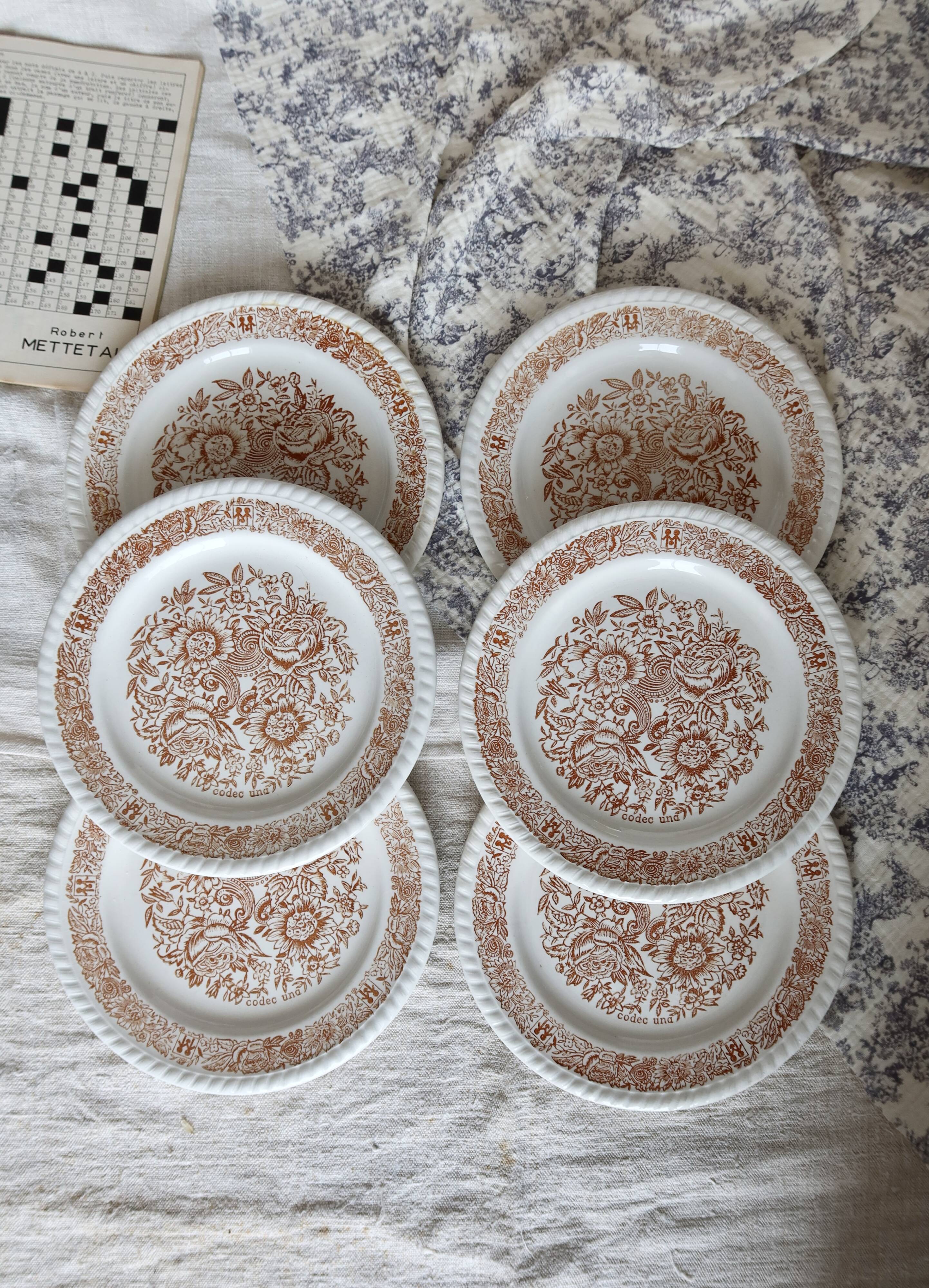 6 assiettes à dessert vintage fleuries – Codec – Décor brun rustique