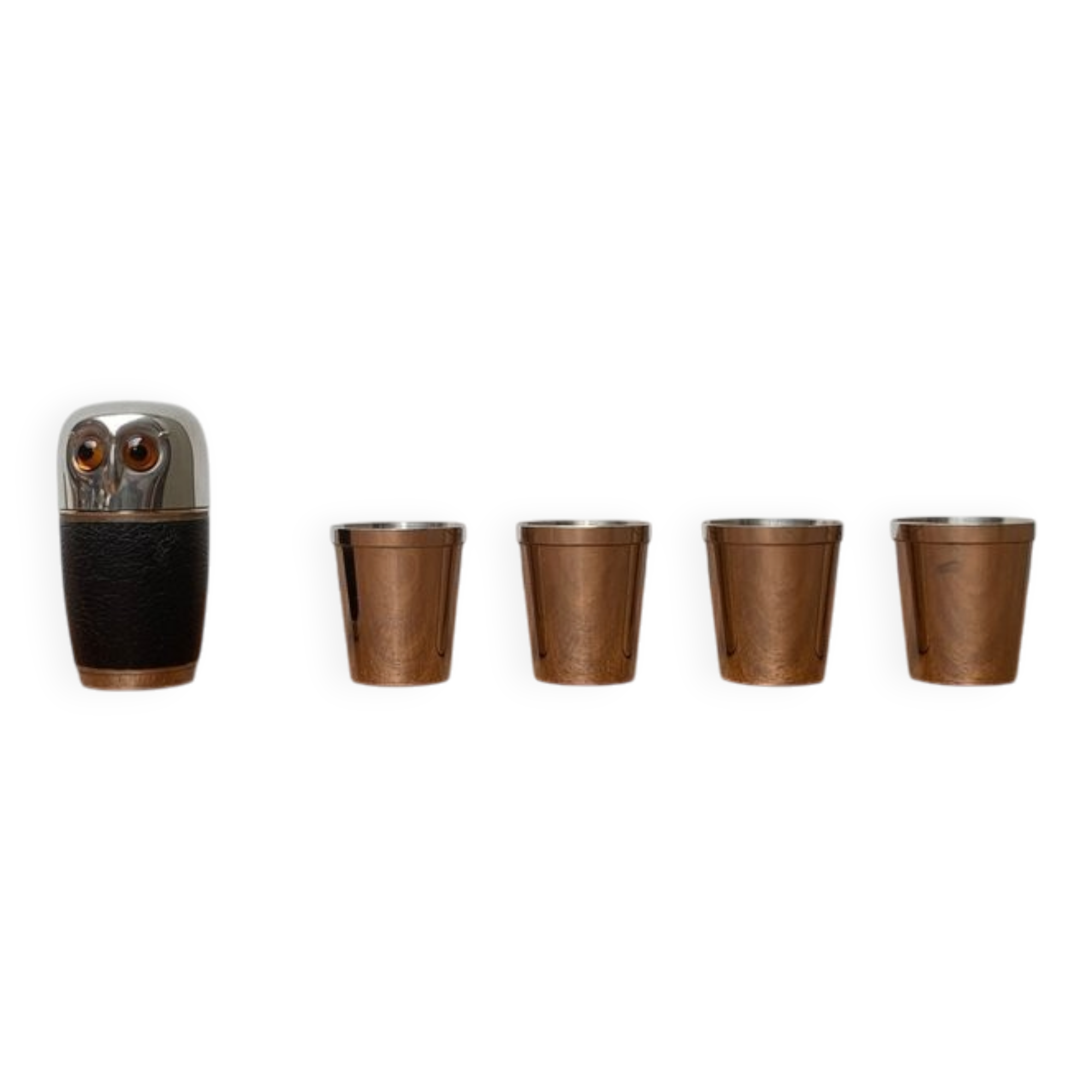 Set of 5 metal shot glasses in German owl style from the mid-century, 1960s.