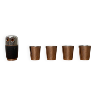 Set of 5 metal shot glasses in German owl style from the mid-century, 1960s.