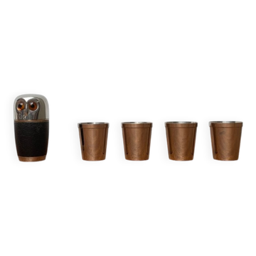 Set of 5 metal shot glasses in German owl style from the mid-century, 1960s.