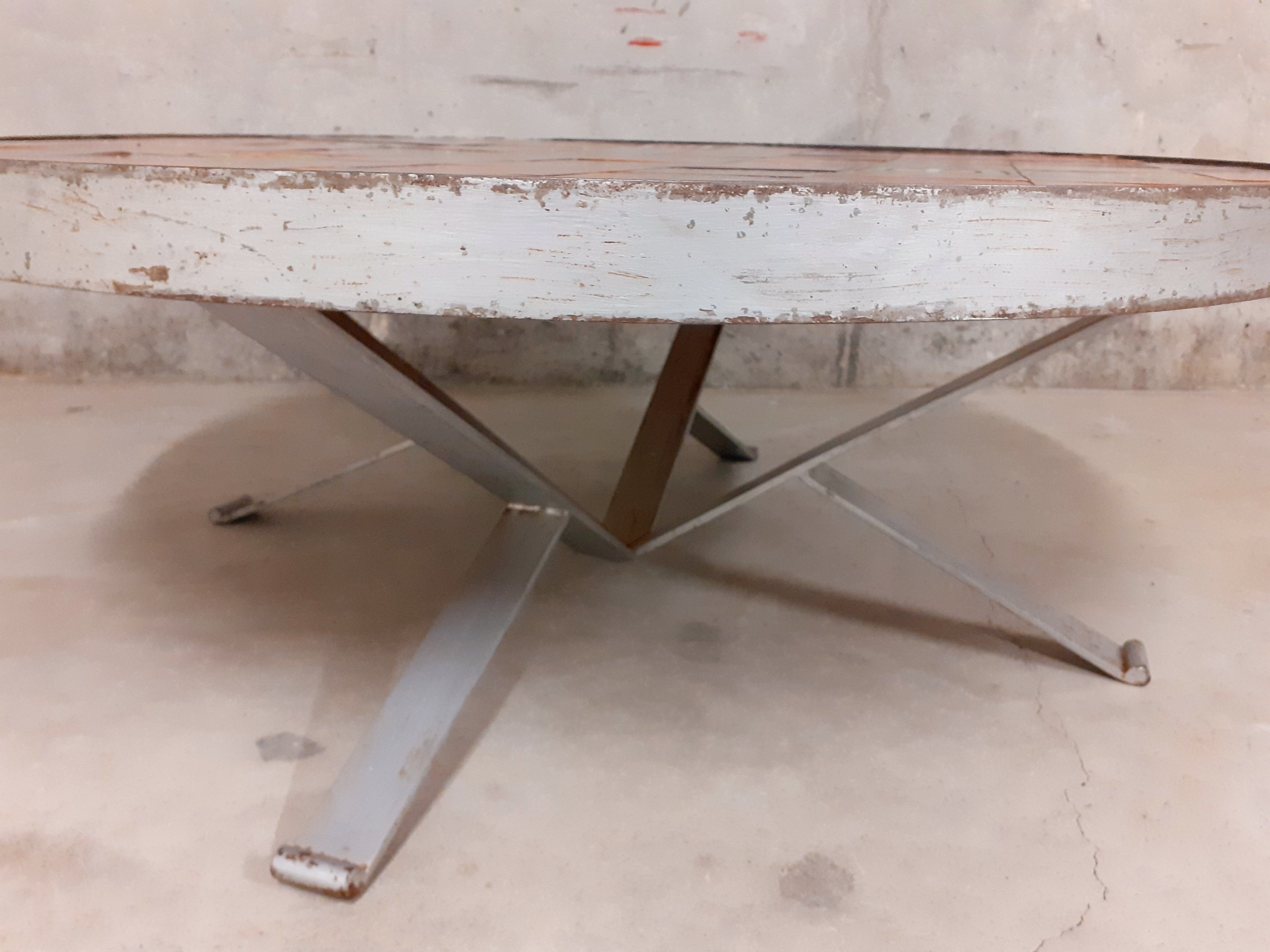 Vintage round coffee table roche-bobois in steel and ceramic 70s