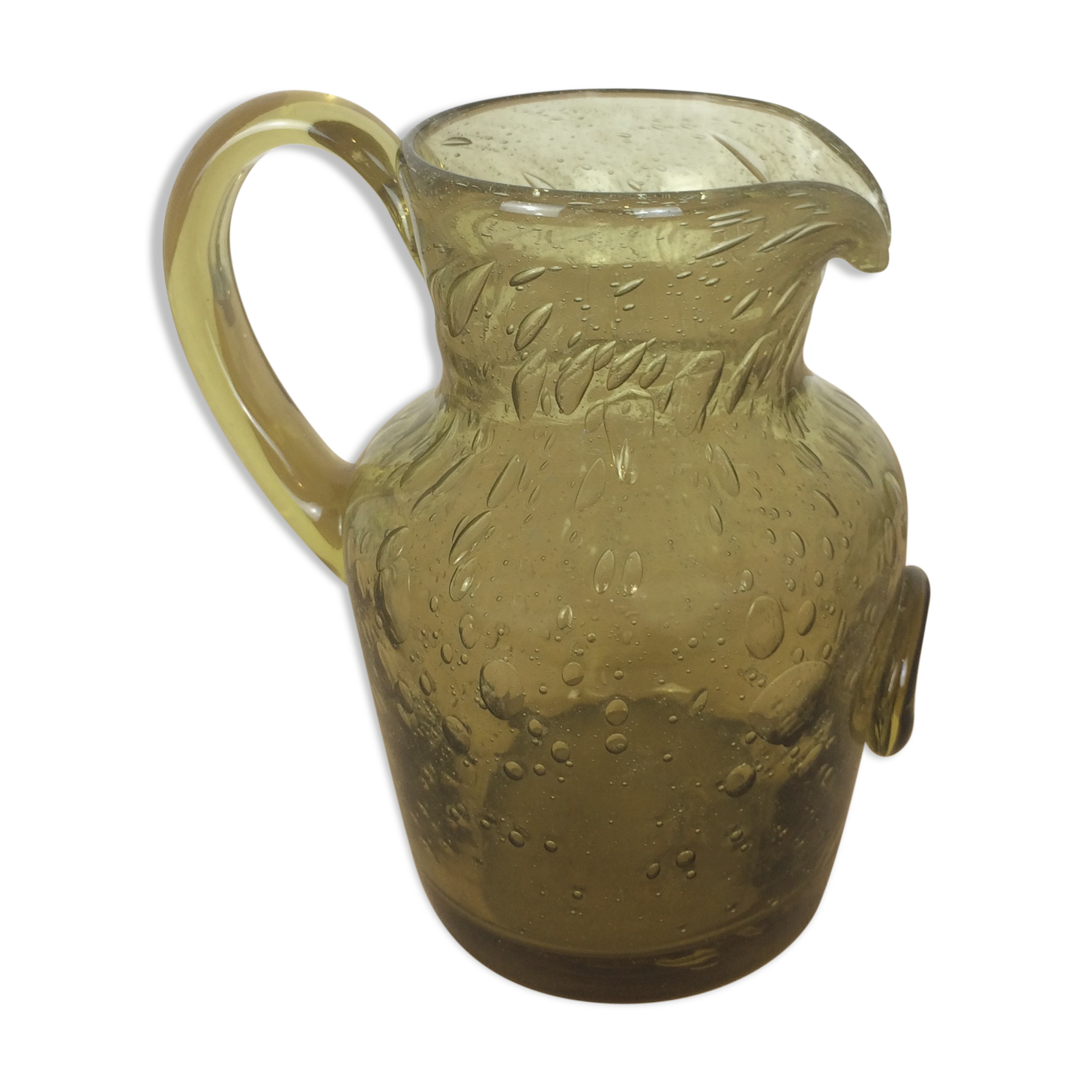 Green bubbled glass pitcher