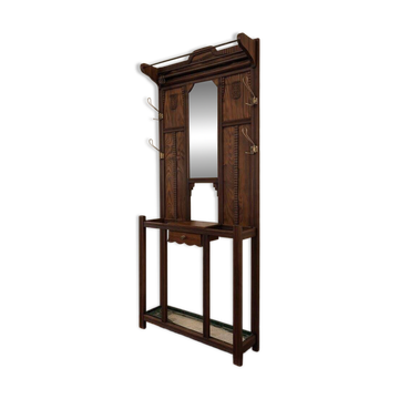 Vintage wooden coat rack with mirror.