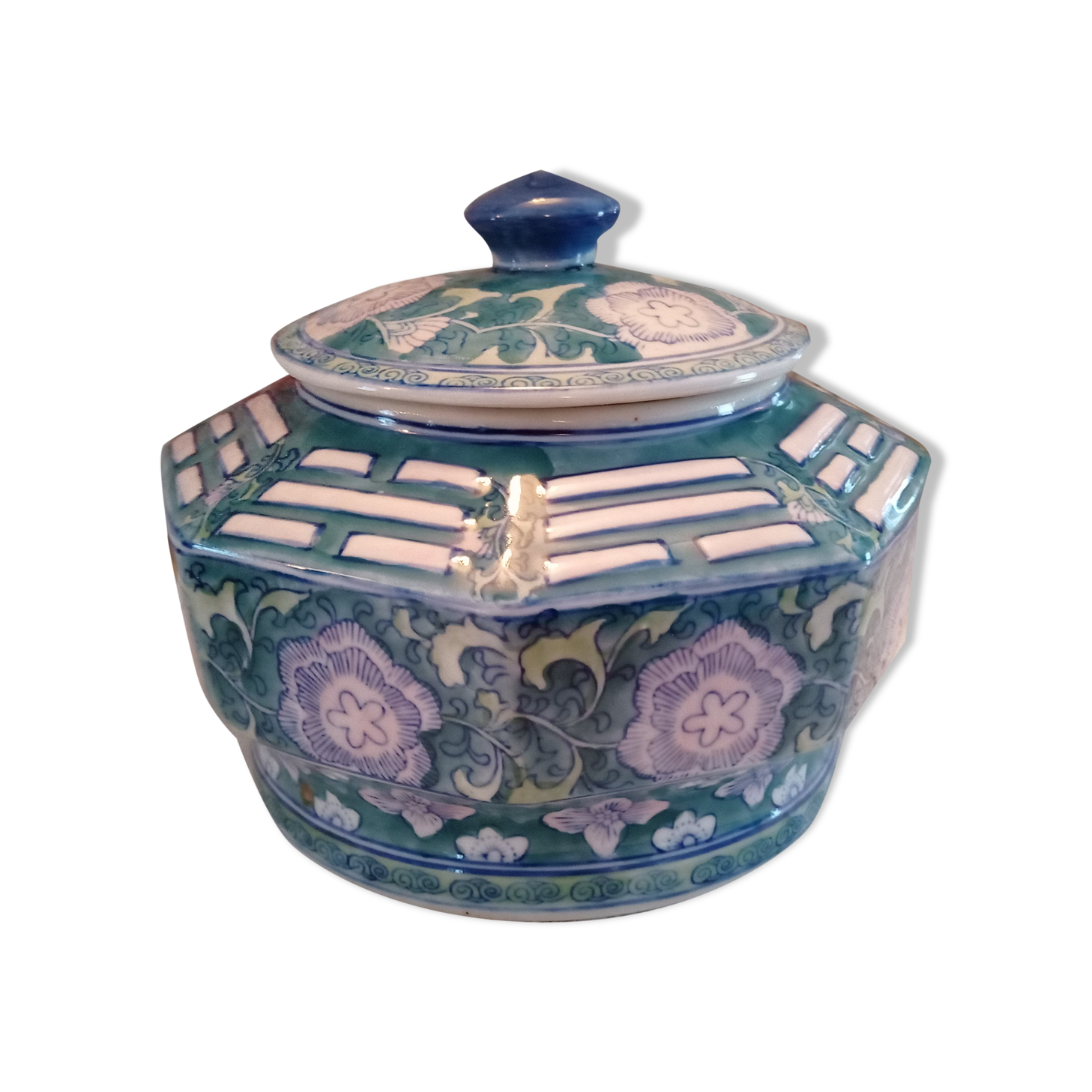 Lidded pot, Chinese ceramic urn celt decoration, blue and lilac